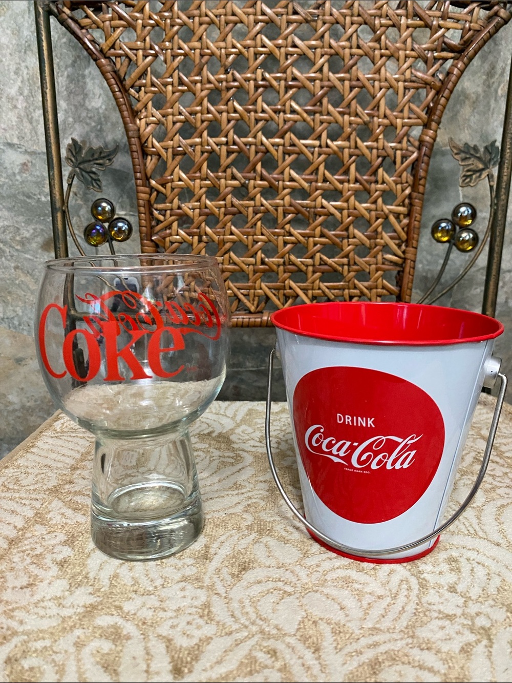 Coca Cola White Bucket with Bright Red Interior & Logo & Clear Coke Glass